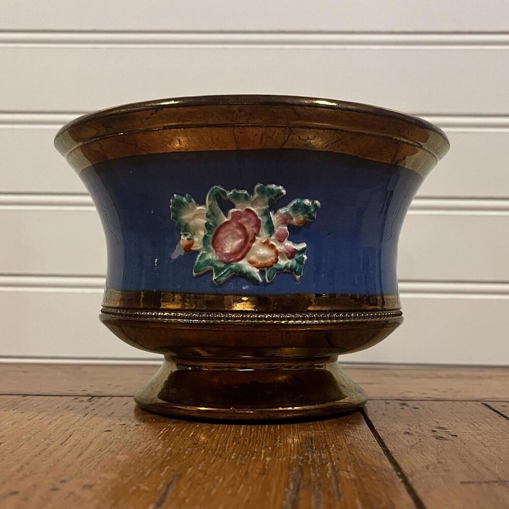 Copper Lusterware Footed Dish Copper with Blue Relief‎ Embossed Floral READ